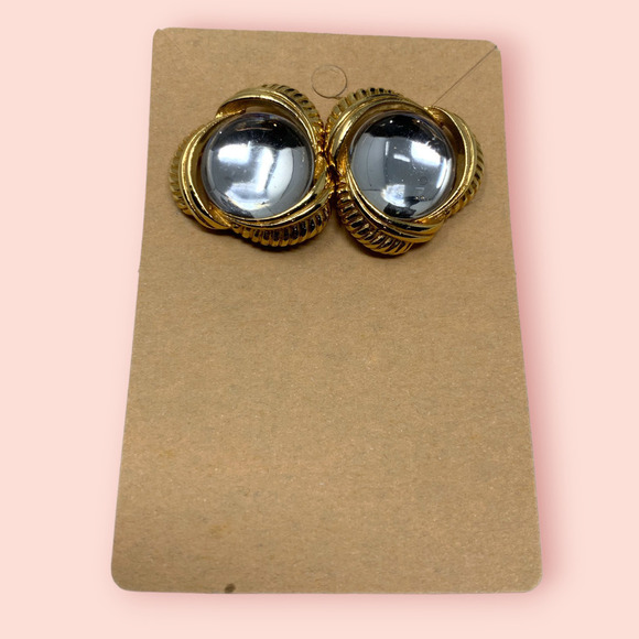 Vintage NEW 1990s Y2K Earrings Round Clear Crystal Cabochon Gold Tone Swirl - Picture 4 of 4